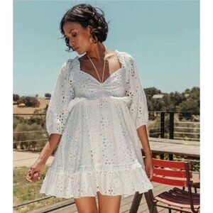 Cleobella Ivory White Eyelet Mini Dress Women Small Boho Puff Sleeve Resort Wear